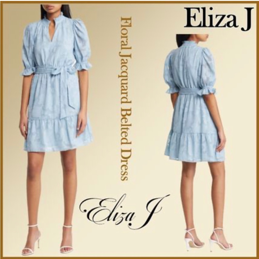 Eliza J Floral Jacquard Belted Dress